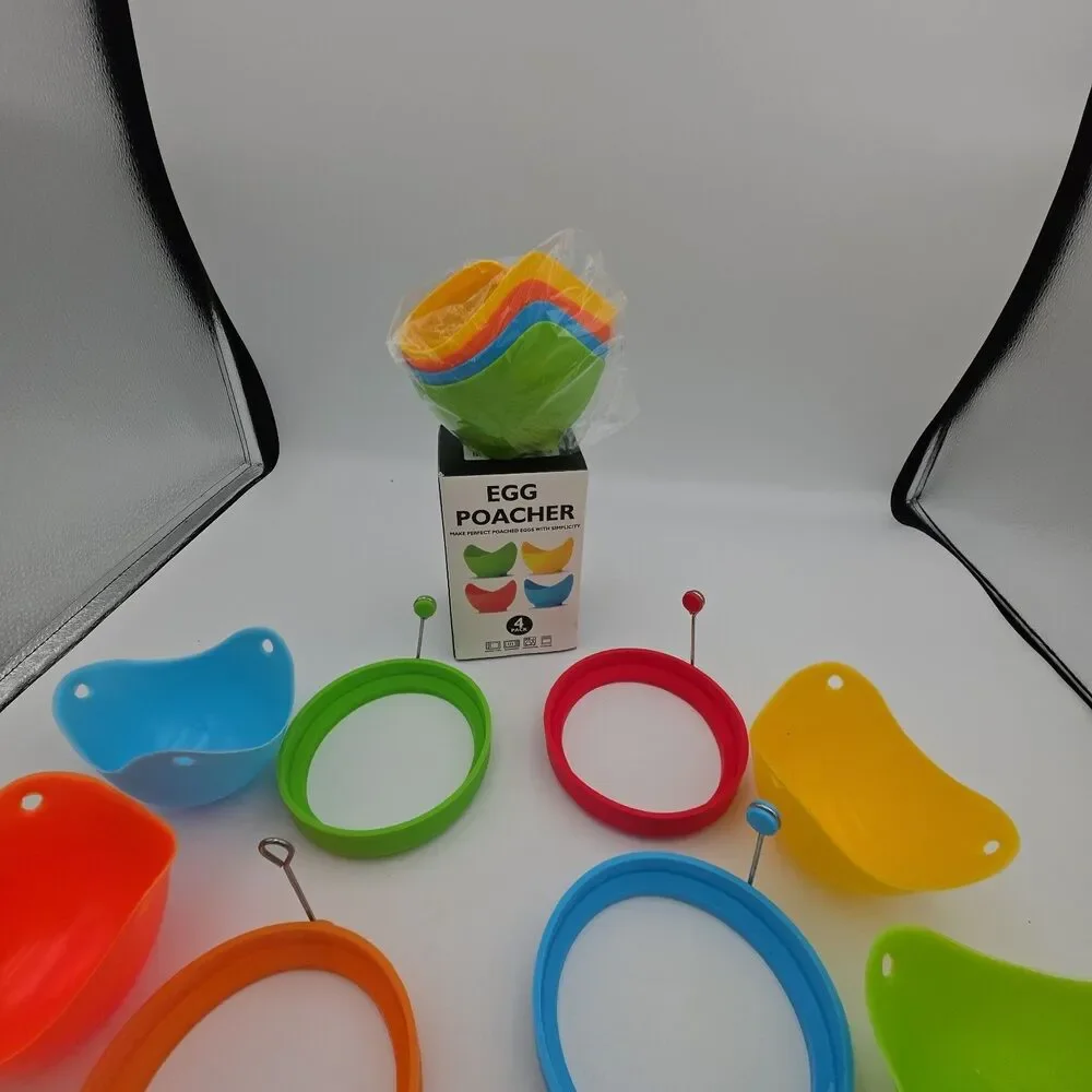 Silicone Egg Poacher Cups Lot of 8 + 4 Egg Rings Colorful Cooking Molds